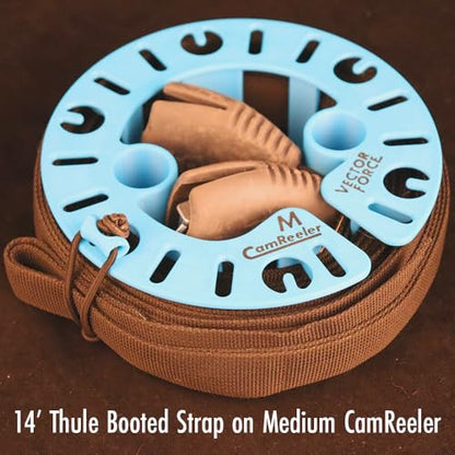 CamReeler Medium Load Strap Manager - Roll Up a Pair of Cam Buckle or Ratchet Straps with Boots or Bumpers - for 9 to 12 Foot Straps - 1 Pack with Pair of StrapMasters - color: Medium Blue + StrapMasters