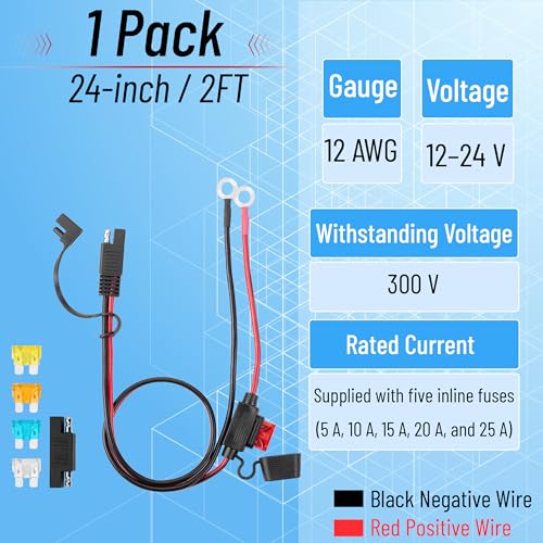 Bates- SAE Battery Connector, 2 FT, 12 AWG, SAE to O-Ring Harness with 5A-25A Protection Fuses & Polarity Reverse Adapter, 2-Pin Connector for Chargers, Maintainers, Solar Panels & Motorcycles