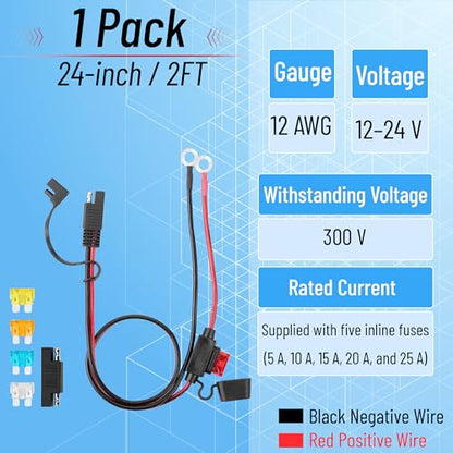 Bates- SAE Battery Connector, 2 FT, 12 AWG, SAE to O-Ring Harness with 5A-25A Protection Fuses & Polarity Reverse Adapter, 2-Pin Connector for Chargers, Maintainers, Solar Panels & Motorcycles