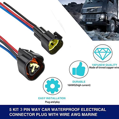 3 Pin Waterproof Connectors,16AWG Waterproof Electrical Car Auto Wire Connector,Male Female Quick Disconnect Wire Connectors for Car Truck Motorcycle Marine Boat(5Pack) - size: 3pin way