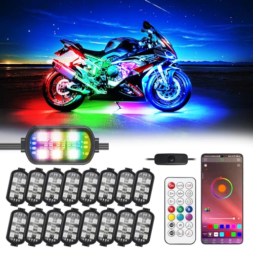 16 Pcs RGB Chasing Motorcycle LED Lights Kit for Harley Davidson Kawasaki Suzuki, Waterproof Magic Multicolor Motorcycle Underglow Kit Strip Lights with APP Control Music Sync Brake Turn Signal - color: 16pod Chasing+turn/brake