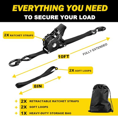Retractable Ratchet Strap Heavy Duty 2 Pack 10 FT 1800 LB Break Strength Ratchet Tie Down with Safety Lock S Hooks and Soft Loop Tie Down,Easy Retract for Motorcycle,Truck Securing Cargo,Car. - color: 2-pack