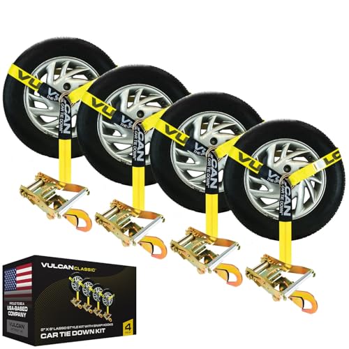 VULCAN Car Tie Down with Snap Hooks - Lasso Style - 2 Inch x 96 Inch - 4 Pack - Classic Yellow - 3,300 Pound Safe Working Load - size: Snap Hooks - Classic Yellow (4 Pack)