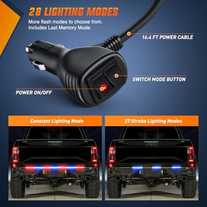 Nilight 60 Inch Truck Tailgate Strobe Light Strip Tail Emergency Bar Rear Window Warning Lamp Ultra-Bright Double Row 360 LED for Pickup Trailers Construction Vehicles Car SUV, Red Blue - color: 60" Tailgte Strobe Red Blue