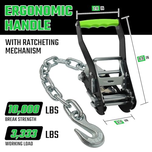 4 Pack Car Tie Down Straps for Trailers - 2" x 8' Heavy Duty Tire Straps with Chain Anchors - 10,000lbs Break Strength, Adjustable Lasso Style Wheel Straps for Hauling Cars, Truck, UTV(Green) - style: Chain Anchors