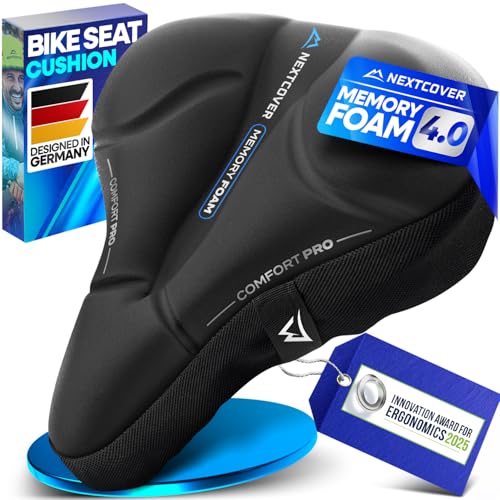 Nextcover® Bike Seat Cushion CoverPro with Memory Foam 4.0 I Ergonomic Bike Seat Cover - Ideal for Stationary, Mountain, Spin or Outdoor Bike I Comfortable Gel Padded Bicycle Seat Cushion - size: Wide