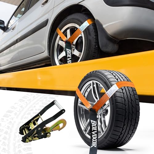 4 Pack Car Tie Down Straps for Trailers - 2" x 96" - 9900LBS Break Strength - Tire Ratchet Strap with Snap Hooks - Adjustable Wheel Straps for Hauling UTV, SUV, Truck, Any Cars - color: Orange