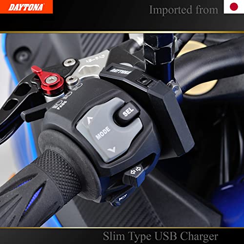 DAYTONA Motorcycle USB Charger Slim Type (1 Port) - Handlebar Clamp, Water Resistant Cover, Fast Charging 5V/2.4A Output, Fits ?22.2/25.4mm, Made in Japan