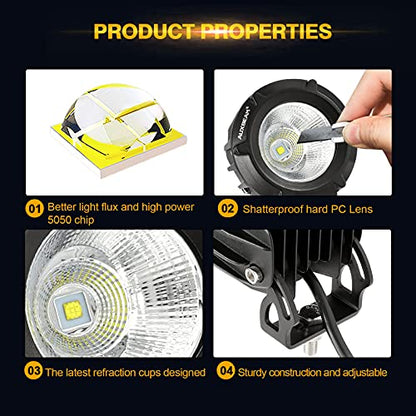 Auxbeam 3.5in 50W Round Led Offroad Light, 5000LM Round Driving Light Pod Super Bright with Wiring Harness Kit White Spot Flood Combo for Jeep Vehicle Truck ATV SUV Motorcycle - color: White Led Offroad Light