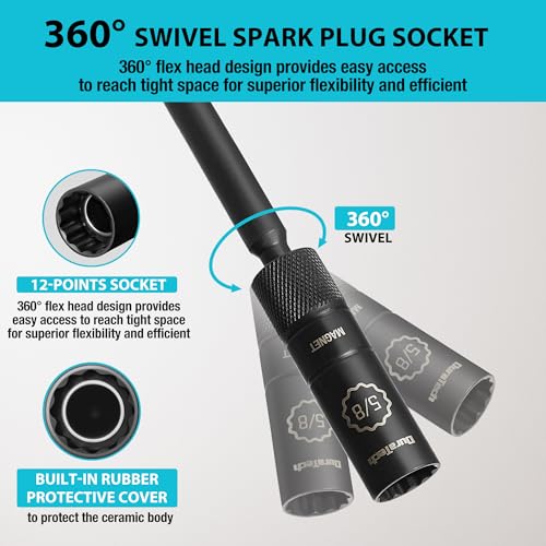 DURATECH 5/8" Swivel Magnetic Spark Plug Socket, 1MM Thin Wall Spark Plugs Socket with 12-Point, Enhanced Magnetic Head & Manganese Phosphate Coating, 3/8" Drive x 10" Total Length, Cr-V Steel Made - size: 5/8" x 3/8" x 10"