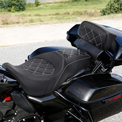 C.C. RIDER Classic Seat Backrest Pad - Driver Seat Rider Sissy Bar Passenger Backrest Pad Kit fit for Harley Davidson Touring Road King Street Glide Electra Glide Road Glide 2014-2023 - color: Seat + Passenger Sissy Bar Black White