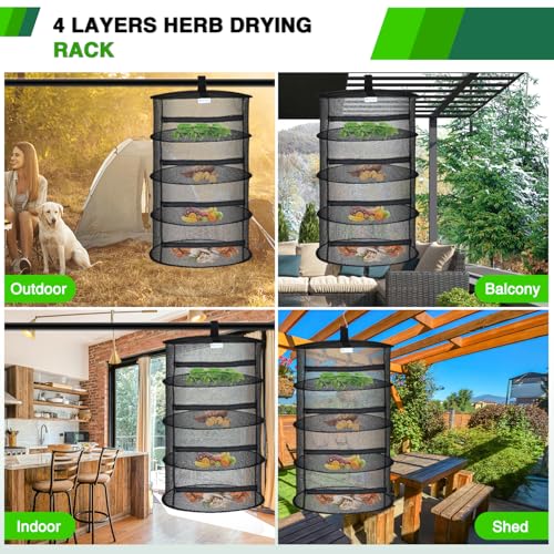 Yesker 4 Layer Herb Drying Rack Hanging Mesh Net Foldable Plant Drying Racks 18" Diameter with Black Zipper & Hook Dryer Hanging Rack for Herbs Seed Bud Fruit Clothes Grow Tent Closets Garden Outdoor - size: 4 Layers Black with Hook