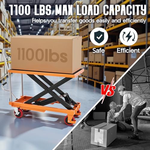 SPECRAFT 1100 lbs Hydraulic Lift Cart, Single Scissor Lift Table, 33" Max Height, 4 Wheels, Non-Slip Pad Material Handling Platform, Orange - size: 1100 lbs