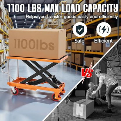 SPECRAFT 1100 lbs Hydraulic Lift Cart, Single Scissor Lift Table, 33" Max Height, 4 Wheels, Non-Slip Pad Material Handling Platform, Orange - size: 1100 lbs