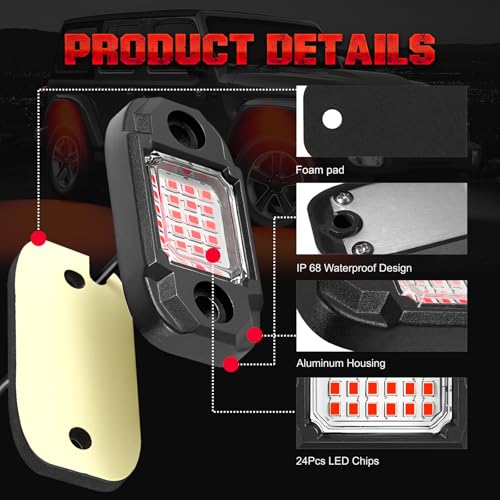 4 Pods Red Rock Lights 24 LEDs Chips Waterproof Neon Trail Rig Lamp Underglow Lights for Car Truck Motorcycle SUV ATV UTV (Red) - color: Red