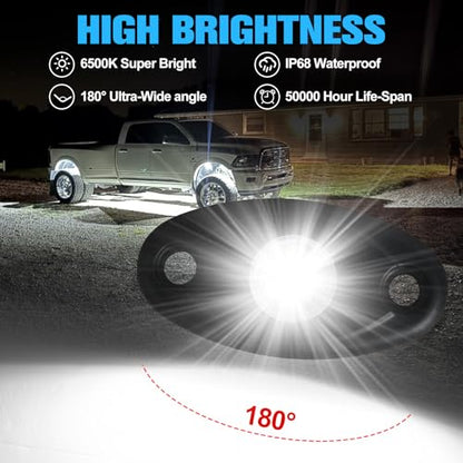 24pods White Rock Lights kit Dc 12v-80v 6000k Aluminum Pure White Led Rock Lights with Switch Wiring Harness Kit Ip68 Waterproof for Trucks Pickup Offroad Car SUV Utv ATV Rv Fends Underglow Lights - color: White-24Pcs + Switch Wiring Harness