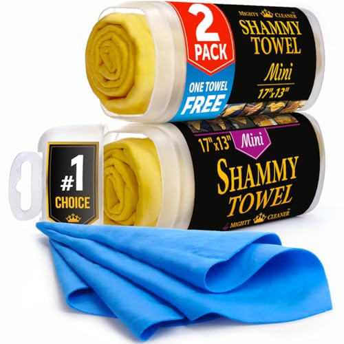 Premium 2pk Mini +1 Free Shammy Cloth for Car Drying - 17”x13” - Super Absorbent Chamois Towel for Car - Scratch-Free, Reusable & Soft Cleaning Towel - color: Yellow, Blue