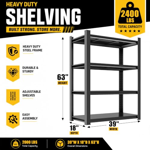 Heavy Duty Garage Shelving, 4-Tier Garage Storage Shelves, Adjustable Metal Shelving Unit, Steel Storage Rack for Garage Warehouse Workshop, Black, 39" W x 18" D x 63" H - size: 4TIER-39"W X 18"D X 63"H