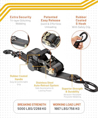 Strapinno Retractable Ratchet Tie-Down Straps,5,000 lbs Breaking Strength- 2 in x 12 ft Heavy Duty Ratchet Strap with Safety Lock S Hooks for Motorcycles, ATVs, UTVs, Lawn Equipment & Cargo (Black) - color: Black