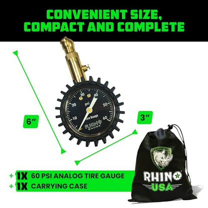 Rhino USA Heavy Duty Tire Pressure Gauge (0-60 PSI) - Certified ANSI B40.1 Accurate, Large 2" Easy Read Glow Dial, 360 Swivel Head, Solid Brass Hardware, Best for Any Car, Truck, Motorcycle, RV - size: 60 PSI Compact