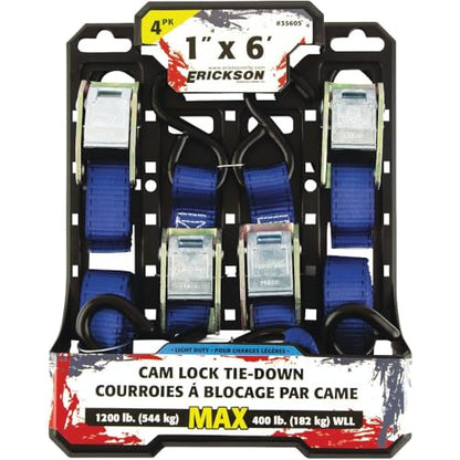 Erickson 35605 Light Duty Cam Lock Tie-Down Strap, 4 Pack (1" x 6', 1200 lb Load Capacity)