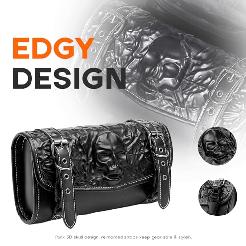 Rogierra 7.1L Motorcycle Tool Bag,Universal PU Leather Motorcycle Fork Bag Waterproof Handlebar Bag For Harley Suzuki Kawasaki,Black Adjustable 3D Skull Bag - style: Embossed Skull Pattern