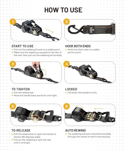 Strapinno Retractable Ratchet Tie-Down Straps,5,000 lbs Breaking Strength- 2 in x 12 ft Heavy Duty Ratchet Strap with Safety Lock S Hooks for Motorcycles, ATVs, UTVs, Lawn Equipment & Cargo (Black) - color: Black