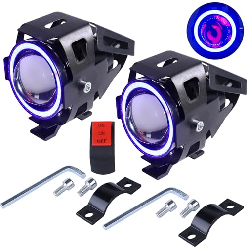 Motorcycle LED Fog Lights U7 Spotlight with High Low Strobe Beam Halo Rings White Central with U7 LED Running DRL Switches Clamps Universal Spotlights Driving Lights 2 Packs - color: Blue