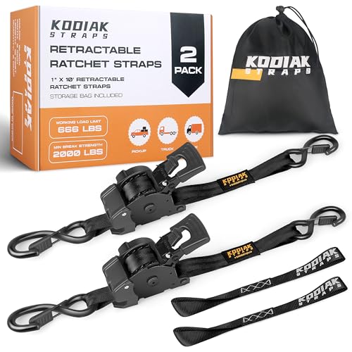 Retractable Ratchet Straps 1" x 10ft, 1,800lb Break Strength, Heavy Duty Easy Release Tie Down for Trucks, Trailers, Motorcycles, ATVs, Secure Cargo KODIAK STRAPS (Black, 2Pack) - color: Black, size: 1INCH*2PACK