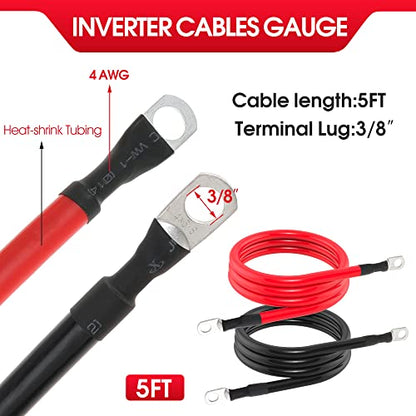 4 AWG Battery Cable 4AWG Gauge Pure Copper Battery Inverter Cables with 3/8 in Lugs Both Ends Power Inverter Wire Set for Automotive Solar Marine Boat RV Car Motorcycle Red and Black (5FT) - size: 5ft
