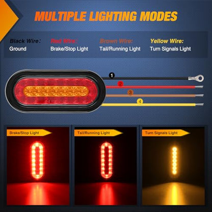 Nilight 6 Inch Oval Trailer Tail Light 2 PCS Red Brake Stop Amber Left Right Turn Signals Lights with Flush Mount Grommets Plugs Mounting Brackets for RV Truck Luggage Rack - color: 2Pcs 6" Red/Amber Tail Lights
