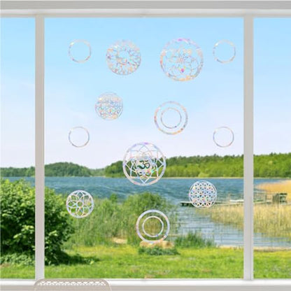 18PCS Mandala Window Clings Anti-Collision Decals to Save Birds from Collisions,Non Adhesive Prismatic Vinyl Window Clings Rainbow Stickers - color: Mandala
