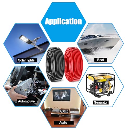 10 Gauge Battery Cable Copper Wire, 10FT Red+10FT Black 10 AWG Welding Cable Standard USA OFC Wire for Automotive, Battery, Solar, Marine and Generator - size: 10 Gauge 10FT