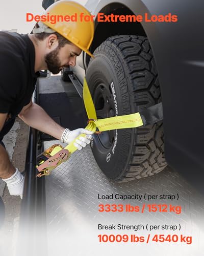 VEVOR Wheel Chock Tie-Down Kit, Tire-Style Tow Dolly Strap, Car Tie Down Kit with Heavy-Duty Hook, Break Strength 10009 lbs & Working Load 3333 lbs Motorcycle System for ATV, SUV, Snowmobiles - style: Tire-Style with Heavy Duty Hook-Yellow