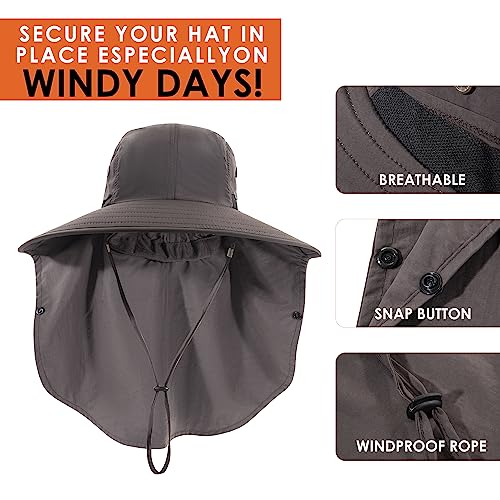 Mens Women Fishing Hat UPF 50+ Wide Brim Sun Hat with Face Cover & Neck Flap - color: Dark Gray