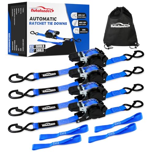 Heavy-Duty Retractable Ratchet Straps (4-Pack) – 1500 lb Break Strength Auto Self-Retracting Tie-Down Straps 1 inch x 12 Feet with Soft Loops, for Truck Motorcycle ATV Cargo Trailer - color: Blue Retractable