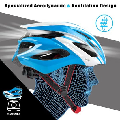 Bike Helmet Men Women, Shinmax Bicycle Helmet with Rear Light and Detachable Visor - color: Blue/White, size: Medium (54-58 cm)