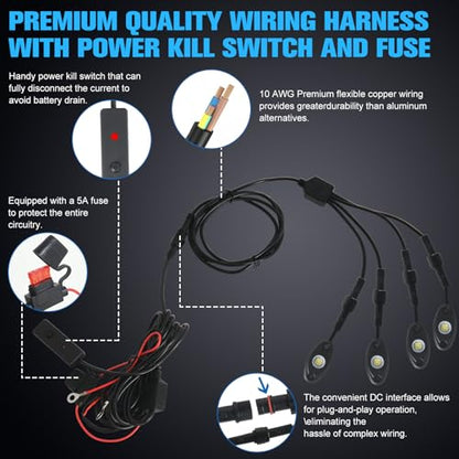 20pods White Rock Lights Dc 12v-80v 6000k Aluminum Alloy Pure White Led Rock Lights with Switch Wiring Harness Kit Ip68 Waterproof for Trucks Pickup Offroad Car SUV Utv ATV Rv Fends Underglow Lights - color: White-20Pcs + Switch Wiring Harness