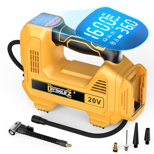 DIYtoolifz 160PSI Cordless Tire Inflator Compatible with Dewalt 20V Air Compressor, Portable Air Pump Automatic Shut Off, LED Light, Digital Pressure Gauge for Cars Motorcycles Bike Ball (Tool Only) - color: Yellow-compatible With Dewalt, size: 160 PSI