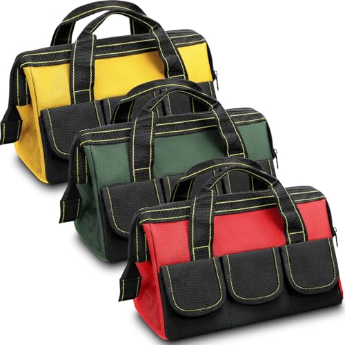 Sanwuta 3 Pack Tool Bag for Men with Waterproof Hard Bottom, Heavy Duty Tool Bag Wide Mouth Tote for Various Instrument, Electrician Carpenter Mechanic(Red, Army Green, Yellow,16 Inch,Classic) - color: Red, Army Green, Yellow, size: 16 Inch, style: Classi