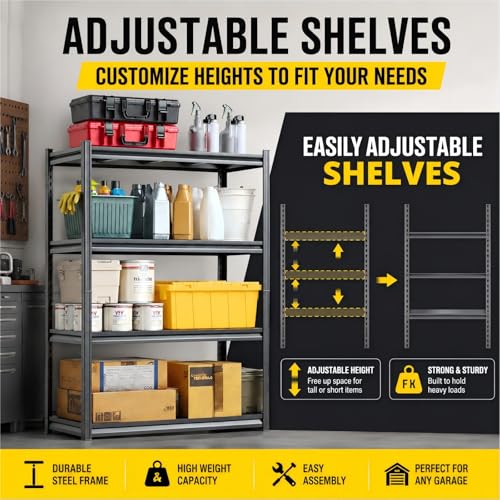 18"D Heavy Duty Garage Shelves, 4-Tier Adjustable Metal Shelving Unit, 2000LBS, Storage Shelf Rack Organizer for Basement Pantry Warehouse Kitchen, Black, 45.3"W x 17.7"D x 53.4"H - size: 4 Tier | 54" H x 45" W x 18" D