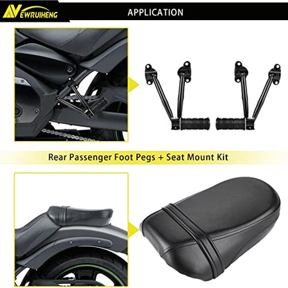 Black Synthetic Leather Rear Passenger Seat and Heavy Alloy Steel Foot Pegs Kit Compatible with Kawasaki Vulcan S 650 VN650 2015-2025