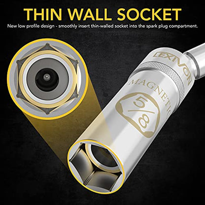 LEXIVON 5/8" Swivel Magnetic Spark Plug Socket, 3/8" Drive x 6" Total Length | Enhanced Magnetic Design with Thin Wall Socket, Cr-v Steel (LX-121) - size: 5/8-Inch x 6-Inch