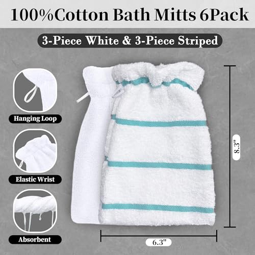 VOOVA & MOVAS 6Pack Bath Mitts for Shower,8.3x6.3 Inch,100% Cotton Soft Absorbent Bath Mitt with Hanging Loop, European Style Wash Cloths for Body Shower & Bath, Aqua Stripe & White - color: Aqua Stripe&white