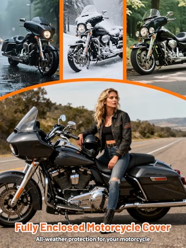 Full Enclosed Motorcycle Cover, 600D Heavy Duty Motorcycle Cover Waterproof with Reflective Strips & Vents, Fits 108" Cruiser, Dirtbike & Touring Motorcycles (Black) - size: 108"-XXXL