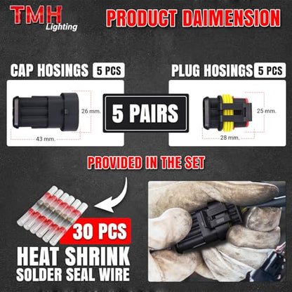 TMH 5 Sets of 3 Pin Electrical Connector Male and Female, 10cm. 22 AWG Waterproof Wire Connectors Automotive 3 Way with Heat Shrink Tubing for Car Truck Boat Wire Connection - size: 3 Pin - 5 Sets