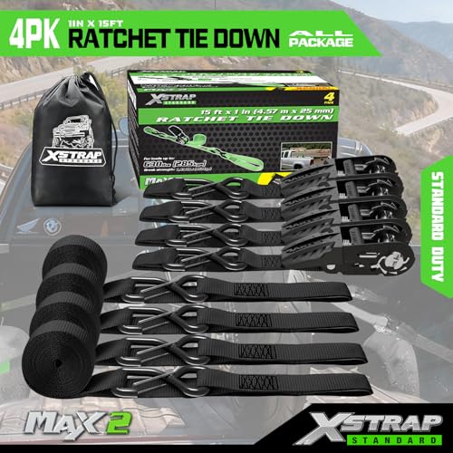 XSTRAP STANDARD Motorcycle Ratchet Tie Down Straps - 4 Pk 1'' x 15 Ft 1890 Lbs Break Strength-Cargo Straps with Integrated Soft Loops, Padded Handles & Coated Safety Clip for Motorcycle, Truck(Black) - size: Black-1890 lbs