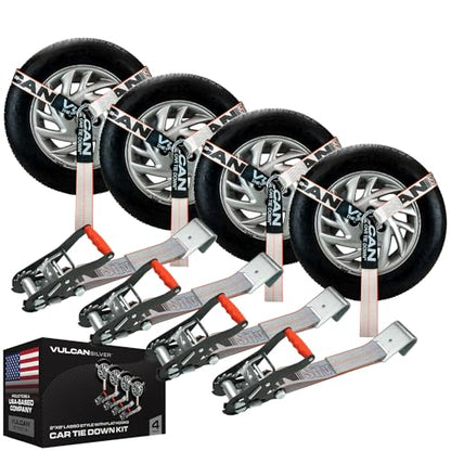 VULCAN Car Tie Down with Flat Hooks - Lasso Style - 2 Inch x 96 Inch - 4 Pack - Silver Series - 3,300 Pound Safe Working Load - size: Flat Hooks - Silver Series (4 Pack)