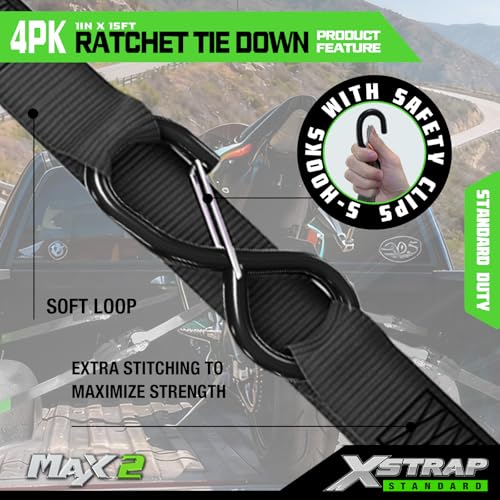XSTRAP STANDARD Motorcycle Ratchet Tie Down Straps - 4 Pk 1'' x 15 Ft 1890 Lbs Break Strength-Cargo Straps with Integrated Soft Loops, Padded Handles & Coated Safety Clip for Motorcycle, Truck(Black) - size: Black-1890 lbs