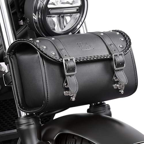 KEMIMOTO Motorcycle Fork Tool Bag 4-5L Expandable with Metal Quick-release Hook, PU Leather Adjustable Capacity Universal Saddlebag for Front Fork Handlebar Sissybar Storage Pouch Motorcycle Roll Bag - style: Metal Quick Release